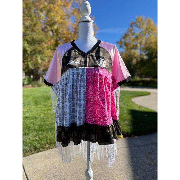 SHUGGIE FIERCE Upcycle USA Camo Boho Vibe Fringed Top Size S-M | QUICK SHIP - Picture 6 of 8